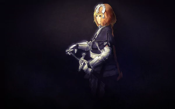 Jeanne d'Arc (Fate/Grand Order) anime wallpaper: blonde with braid and headpiece, armored, holding a sword against a dark background — 2K Quad HD PC desktop background.