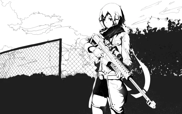 Monochrome HD desktop wallpaper featuring Shino Asada from the anime Sword Art Online II, holding a sniper rifle against a fenced outdoor backdrop.