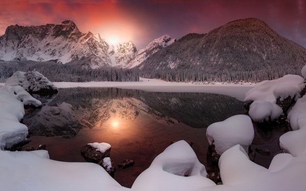 Earth Winter Nature Lake Reflection Snow Mountain Sunrise HD Wallpaper | Background Image