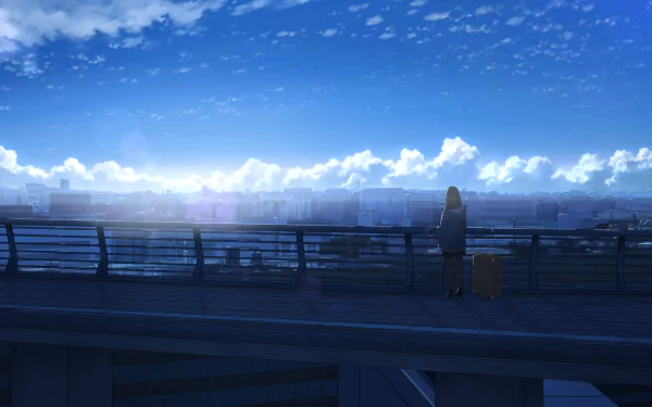 Anime-style HD desktop wallpaper depicting a blonde-haired woman overlooking a cityscape from a bridge during a clear day.