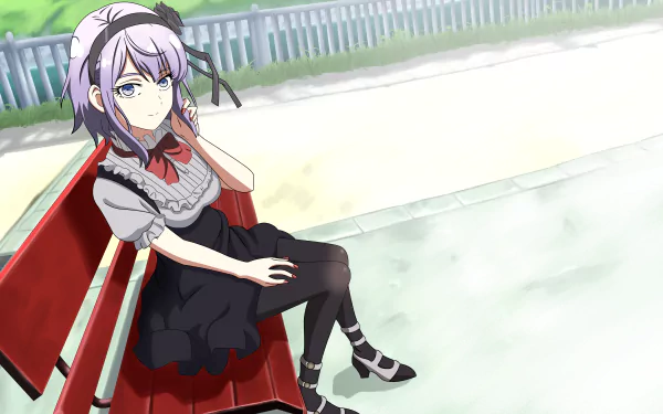 Anime character Shidare Hotaru relaxes on a red bench, sporting a bow, purple hair, and blue eyes. She's dressed in a skirt, pantyhose, and high heels against a serene background.