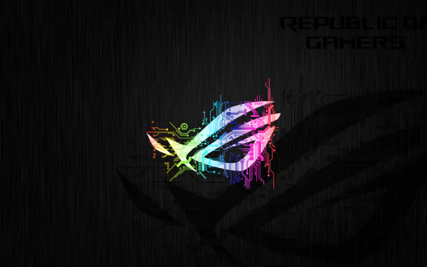 4K Ultra HD wallpaper featuring a vibrant, multicolored Asus ROG logo on a dark, textured background representing technology and gaming.