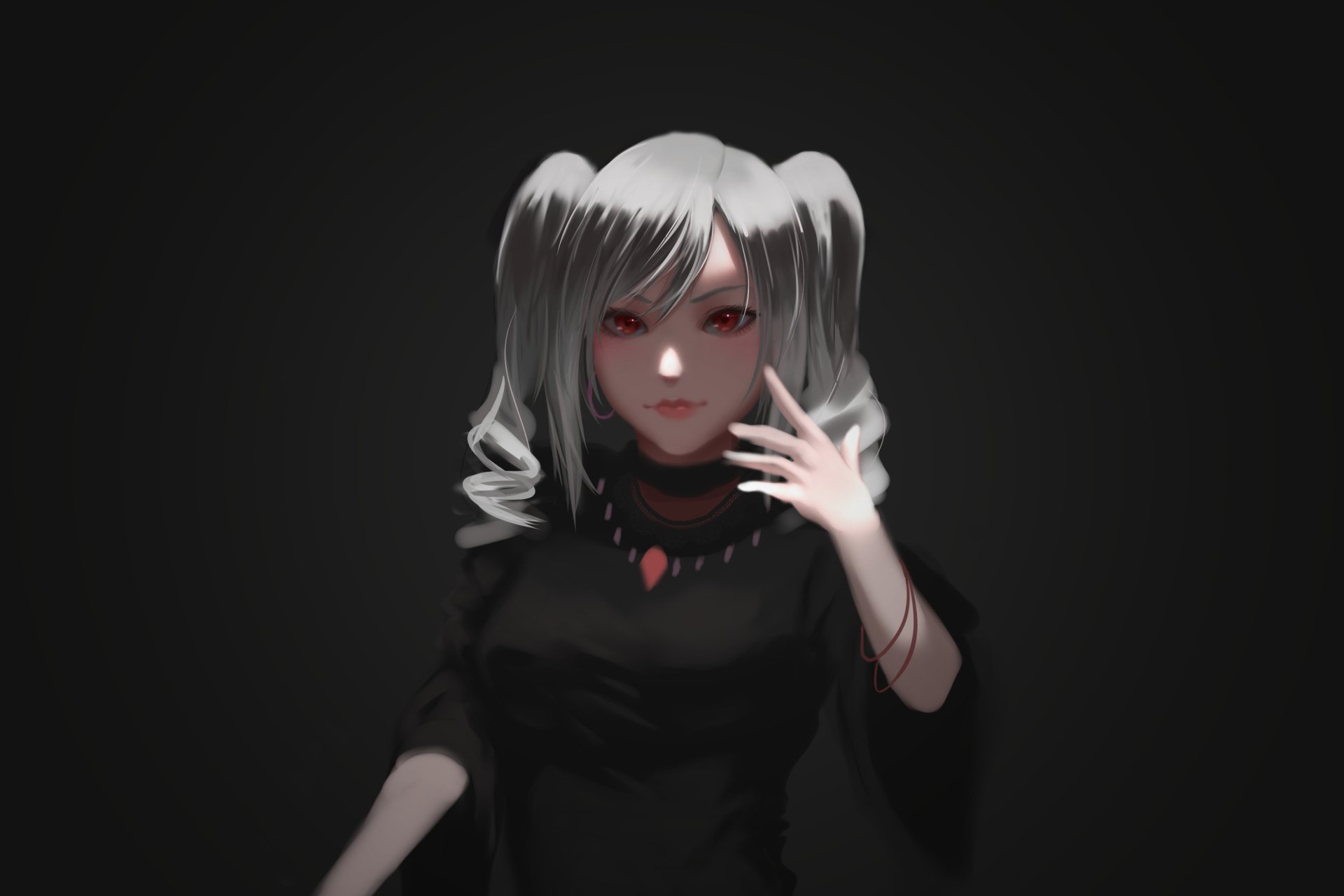 HD anime wallpaper of Ranko Kanzaki from The iDOLM@STER Cinderella Girls, featuring her grey hair and striking red eyes against a dark background.