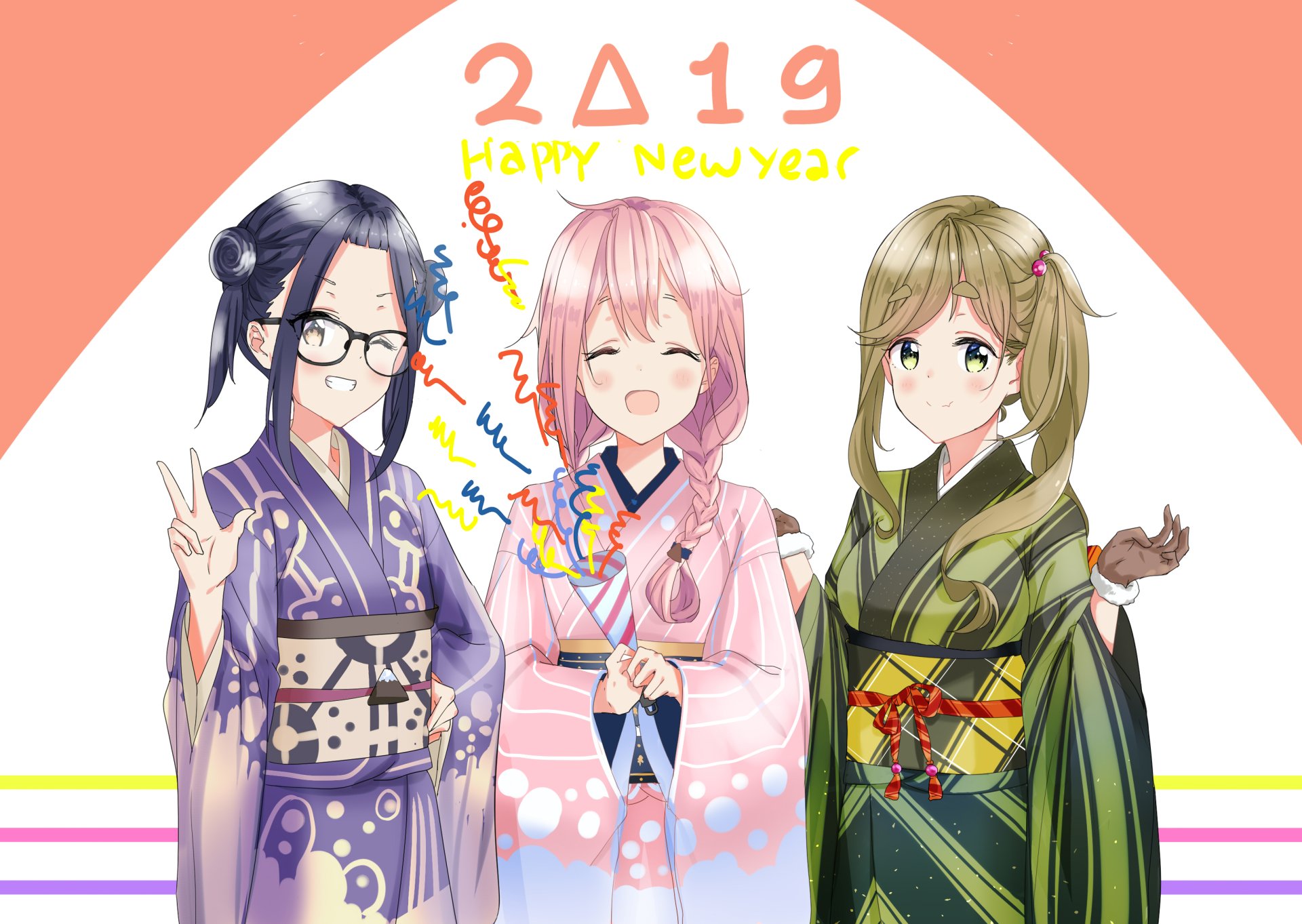 HD anime wallpaper featuring Aoi Inuyama, Nadeshiko Kagamihara, and Chiaki Oogaki from Laid-Back Camp, dressed in colorful traditional kimonos celebrating the New Year 2019.