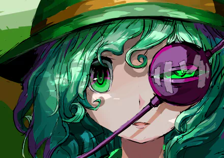 Anime portrait of Koishi Komeiji (Touhou): close-up of curly green hair, green eyes, monocle and wide-brimmed hat. 2K Quad HD PC wallpaper.