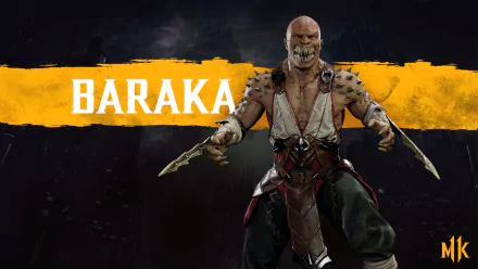 HD PC desktop wallpaper featuring Baraka from Mortal Kombat 11, showcasing the fierce character with his signature blades against a dark background with bold yellow text.