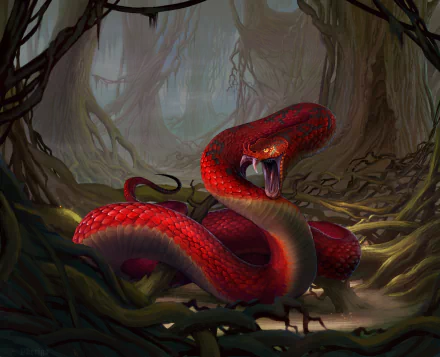 A striking fantasy animal, a fierce red snake with glowing eyes, coils aggressively in a dark, misty forest. This HD PC desktop wallpaper captures intense mythical energy.