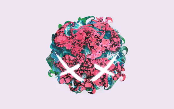 4K Ultra HD PC desktop wallpaper and background — Modestep x Monstercat music artwork: pink and teal floral orb forming a skull-like face with glowing white X eyes on a pale backdrop.