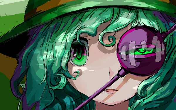 Anime portrait of Koishi Komeiji (Touhou): close-up of curly green hair, green eyes, monocle and wide-brimmed hat. 2K Quad HD PC wallpaper.