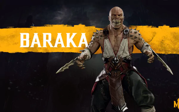 HD PC desktop wallpaper featuring Baraka from Mortal Kombat 11, showcasing the fierce character with his signature blades against a dark background with bold yellow text.