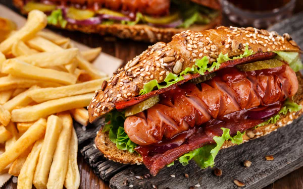 Close-up of a juicy hot dog with lettuce and bacon in a seeded bun, served with golden french fries, captured in stunning 4K Ultra HD detail.