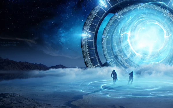 HD desktop wallpaper featuring two astronauts approaching a glowing sci-fi portal amid a foggy, alien landscape, with a starry night sky in the background. Tags: exploration, portal, Sci-Fi, astronaut.