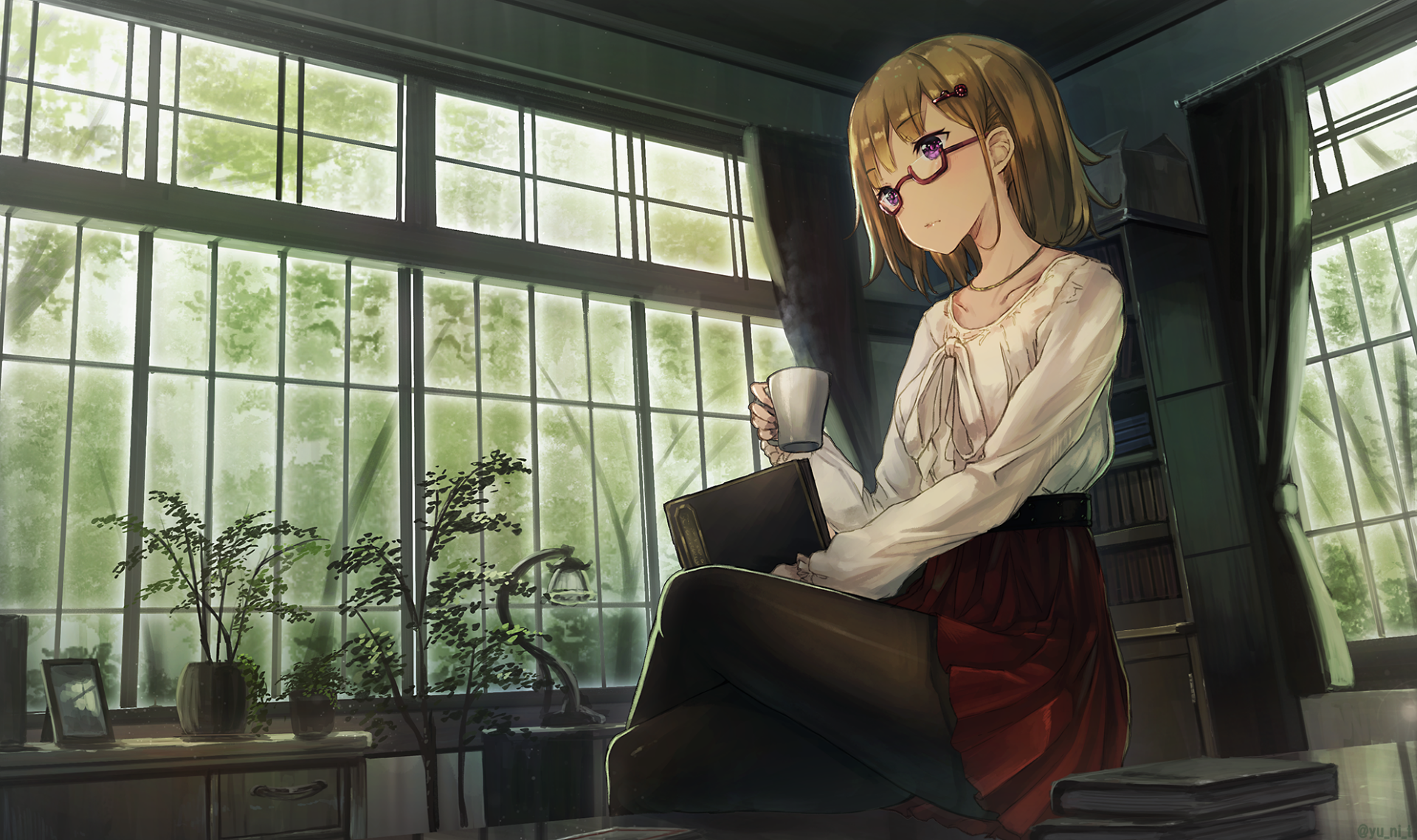 Anime character with purple eyes, wearing glasses, holding a book and mug, sits in a room with large windows and plants. She has short brown hair. This HD wallpaper captures a serene and studious ambiance.