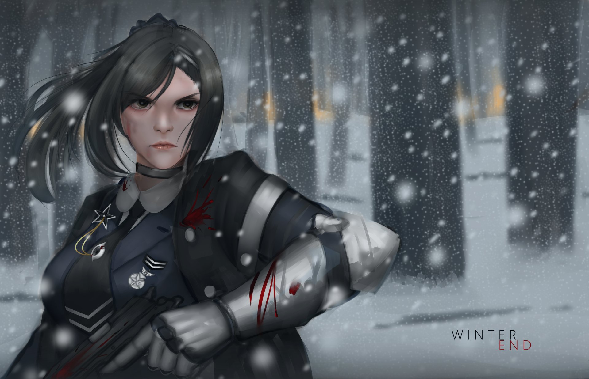 Anime original 5K Ultra HD PC desktop wallpaper: a stern armored woman with black hair and a bloodied gauntlet stands amid a snowy forest as flakes fall, captioned Winter End.