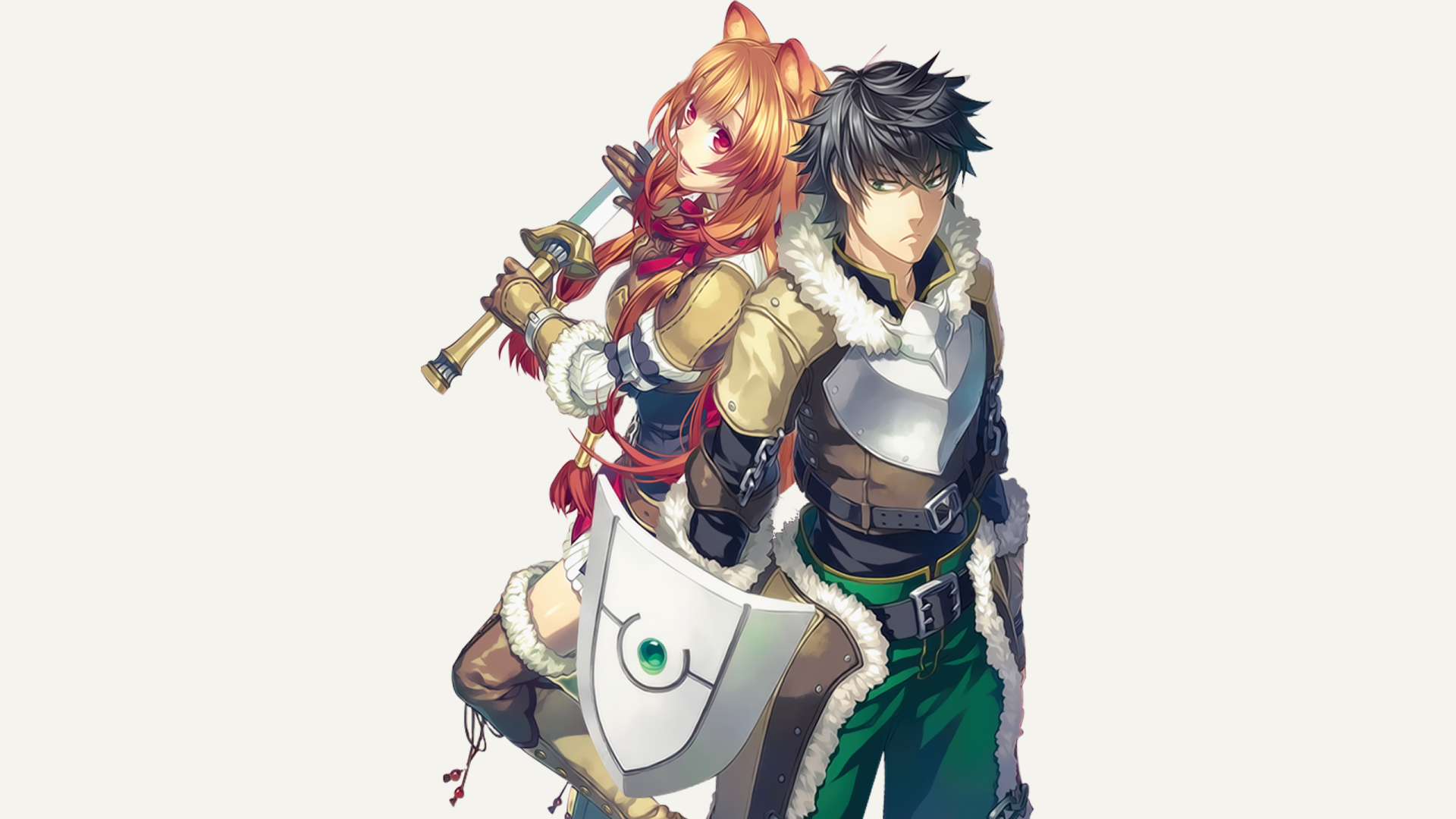 HD wallpaper of Naofumi Iwatani and Raphtalia from The Rising of the Shield Hero anime, posed in battle readiness with a focus on detailed character art.