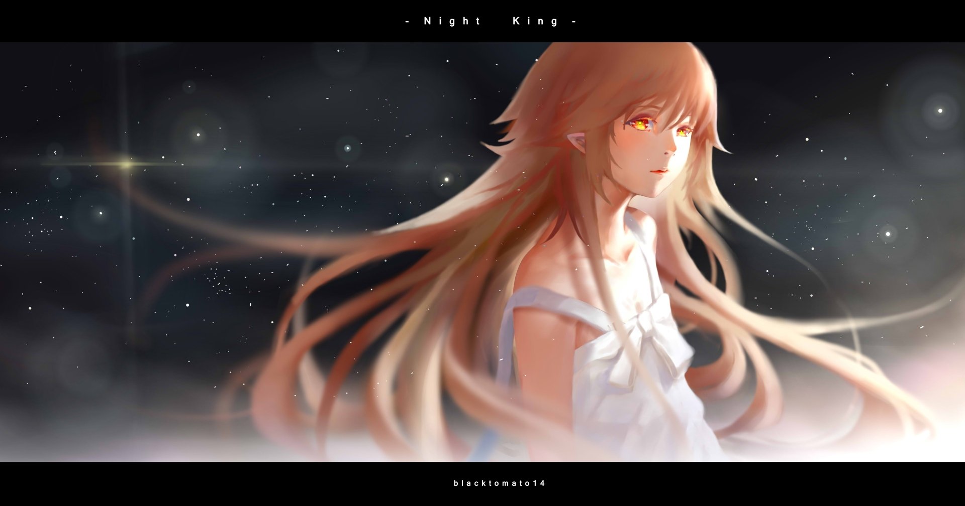 4K Ultra HD PC desktop wallpaper of Shinobu Oshino from the Monogatari series, featuring her glowing amber eyes and flowing hair against a starry night background.