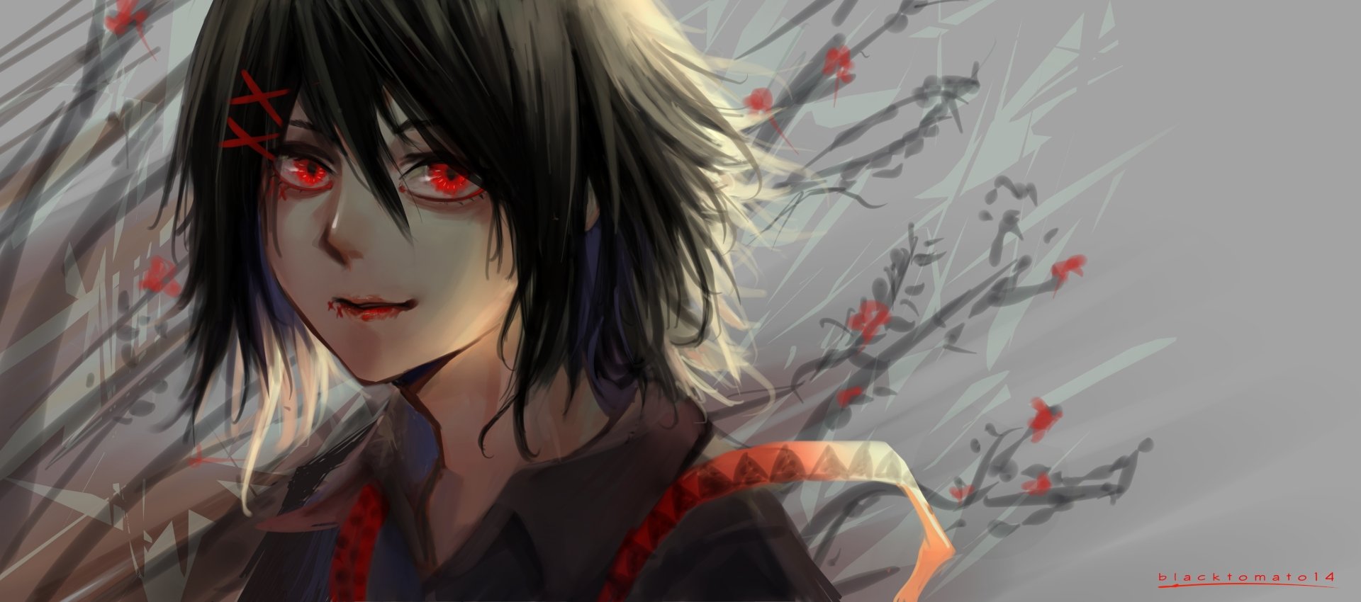 HD anime desktop wallpaper featuring Juuzou Suzuya from Tokyo Ghoul:re with striking red eyes and a dark, moody background accented by red flowers.