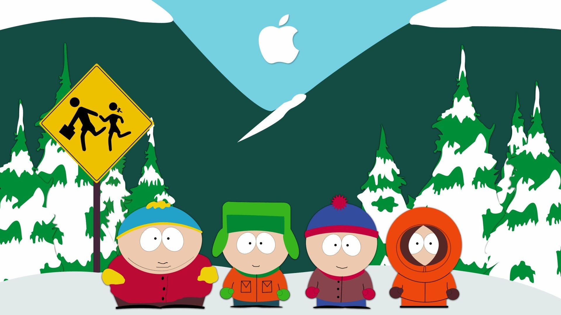2K Quad HD PC wallpaper of TV show South Park: Kenny McCormick, Stan Marsh, Eric Cartman and Kyle Broflovski stand in a snowy mountain scene with an Apple logo in the sky.