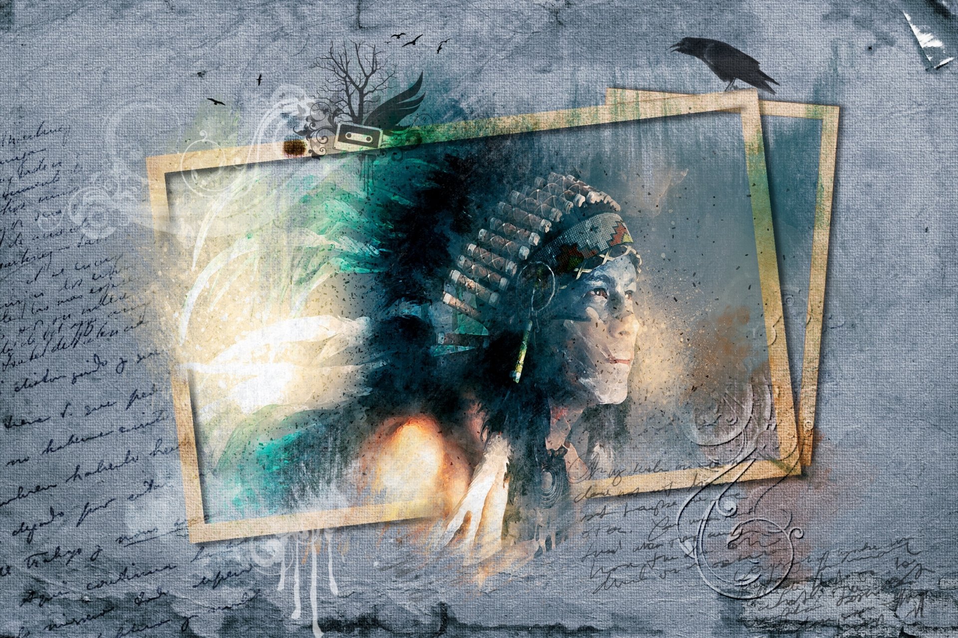 Artistic HD desktop wallpaper featuring a Native American portrait framed with layered wooden frames against a textured, muted background.