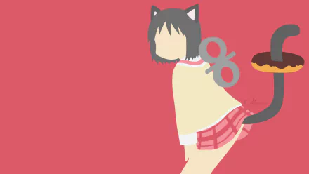 HD PC desktop wallpaper of Nano Shinonome from the anime Nichijō, depicted with cat ears and a wind-up tail against a minimalist coral background.