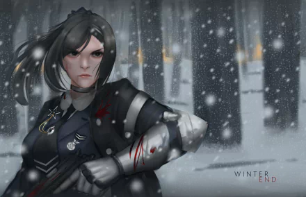 Anime original 5K Ultra HD PC desktop wallpaper: a stern armored woman with black hair and a bloodied gauntlet stands amid a snowy forest as flakes fall, captioned Winter End.
