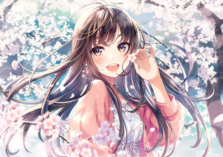 An anime girl with long, flowing hair stands surrounded by blossoming flowers in this HD desktop wallpaper and background, exuding a cheerful and serene atmosphere.