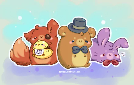 HD PC desktop wallpaper featuring cute, chibi-style characters from the video game Five Nights at Freddy's against a soft pastel background.