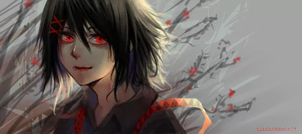 HD anime desktop wallpaper featuring Juuzou Suzuya from Tokyo Ghoul:re with striking red eyes and a dark, moody background accented by red flowers.