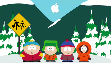 2K Quad HD PC wallpaper of TV show South Park: Kenny McCormick, Stan Marsh, Eric Cartman and Kyle Broflovski stand in a snowy mountain scene with an Apple logo in the sky.