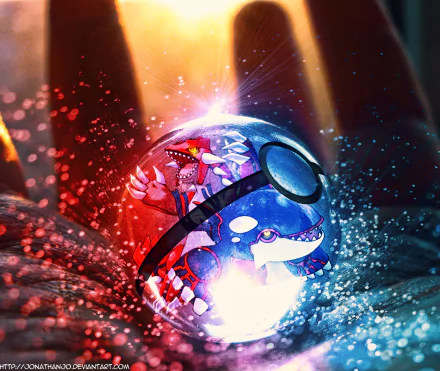 HD PC desktop wallpaper of a glowing Poké Ball from the Pokémon video game, bursting with water and fire effects and Pokémon silhouettes visible inside.