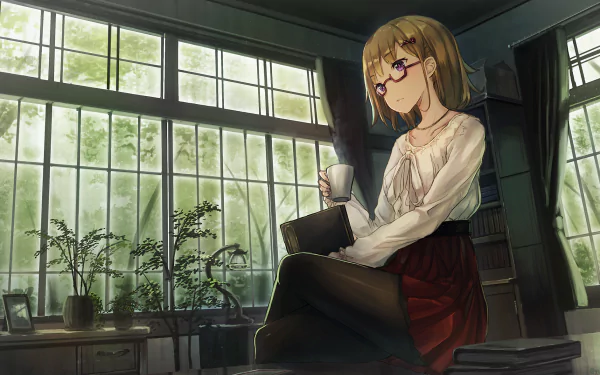 Anime character with purple eyes, wearing glasses, holding a book and mug, sits in a room with large windows and plants. She has short brown hair. This HD wallpaper captures a serene and studious ambiance.