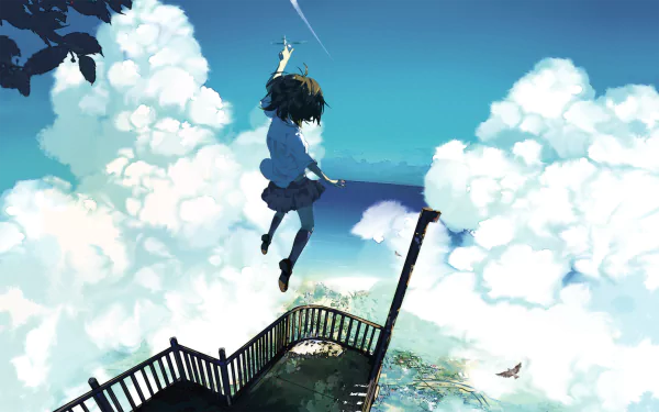 Anime girl with short brown hair in a shirt and skirt, jumping high into the sky with clouds and an airplane in the background, in a fantasy HD desktop wallpaper.
