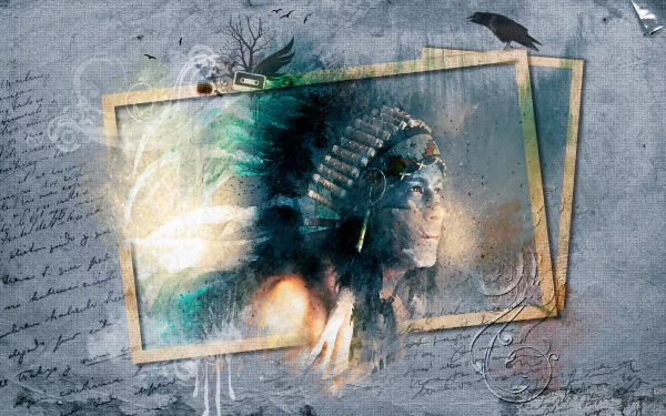 Artistic HD desktop wallpaper featuring a Native American portrait framed with layered wooden frames against a textured, muted background.