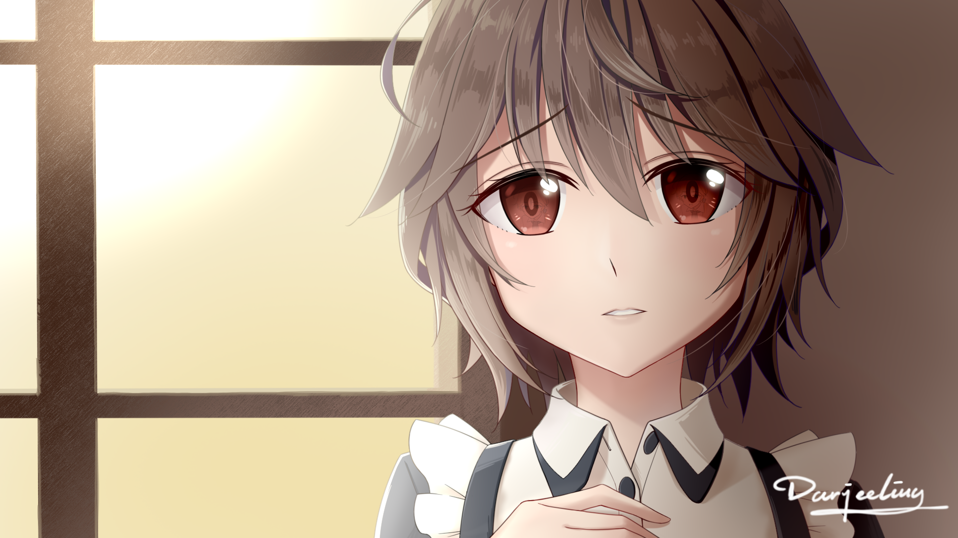 HD anime-style desktop wallpaper featuring an original female maid character with short brown hair and expressive red eyes against a softly lit background.