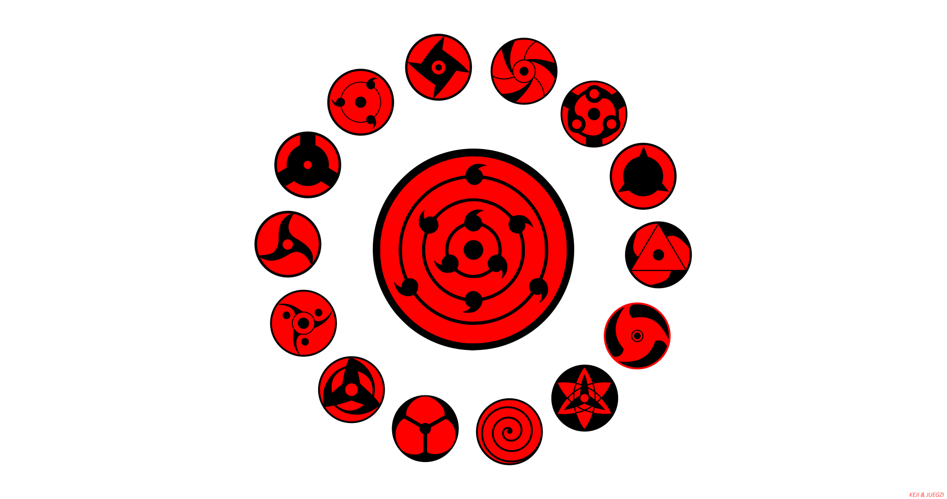 8K Ultra HD PC wallpaper featuring various red Mangekyō Sharingan designs from Naruto and Boruto anime series arranged in a circular pattern.