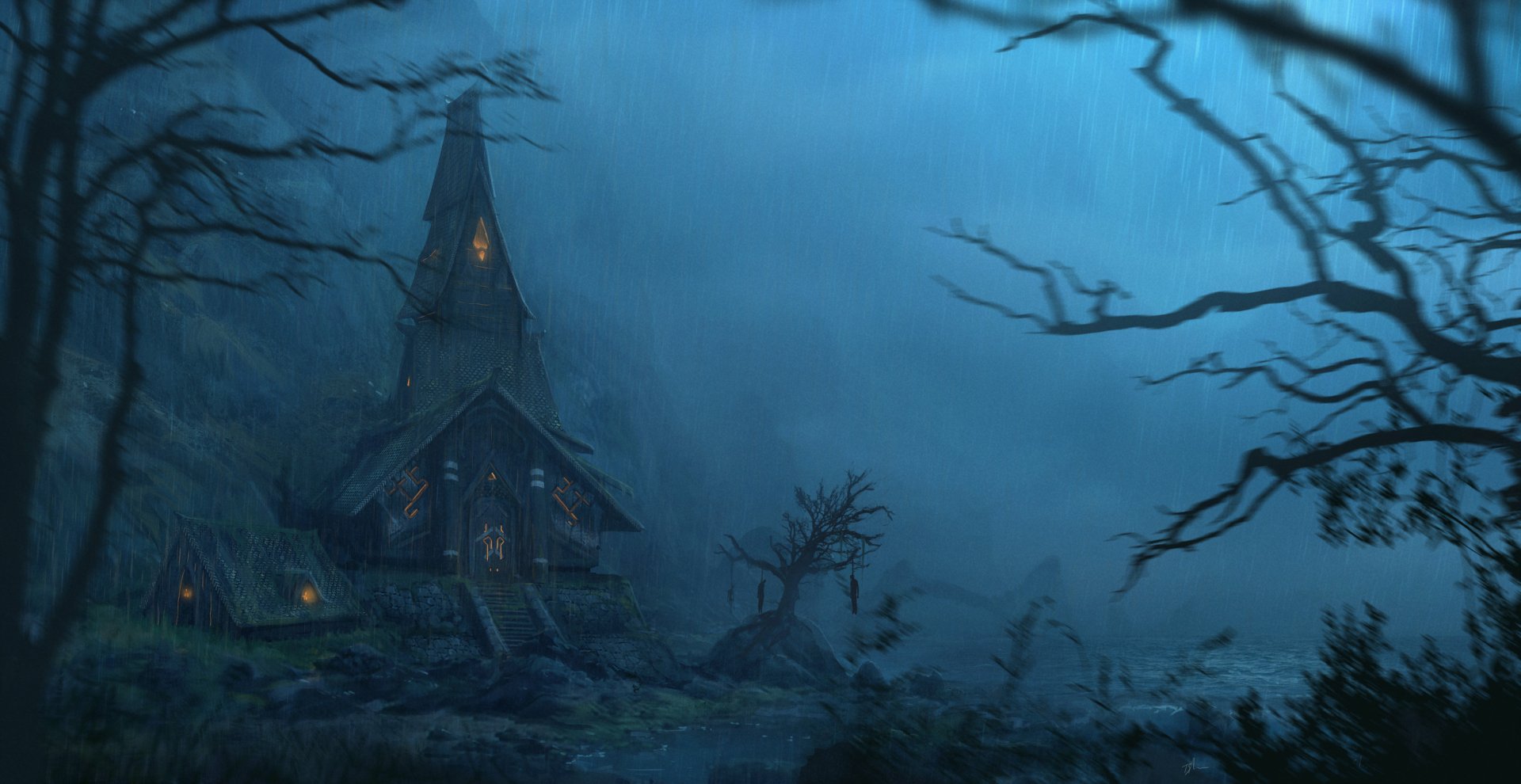 Dark, rainy night surrounds an eerie, illuminated house in this HD PC desktop wallpaper, framed by bare tree branches against a stormy sky.
