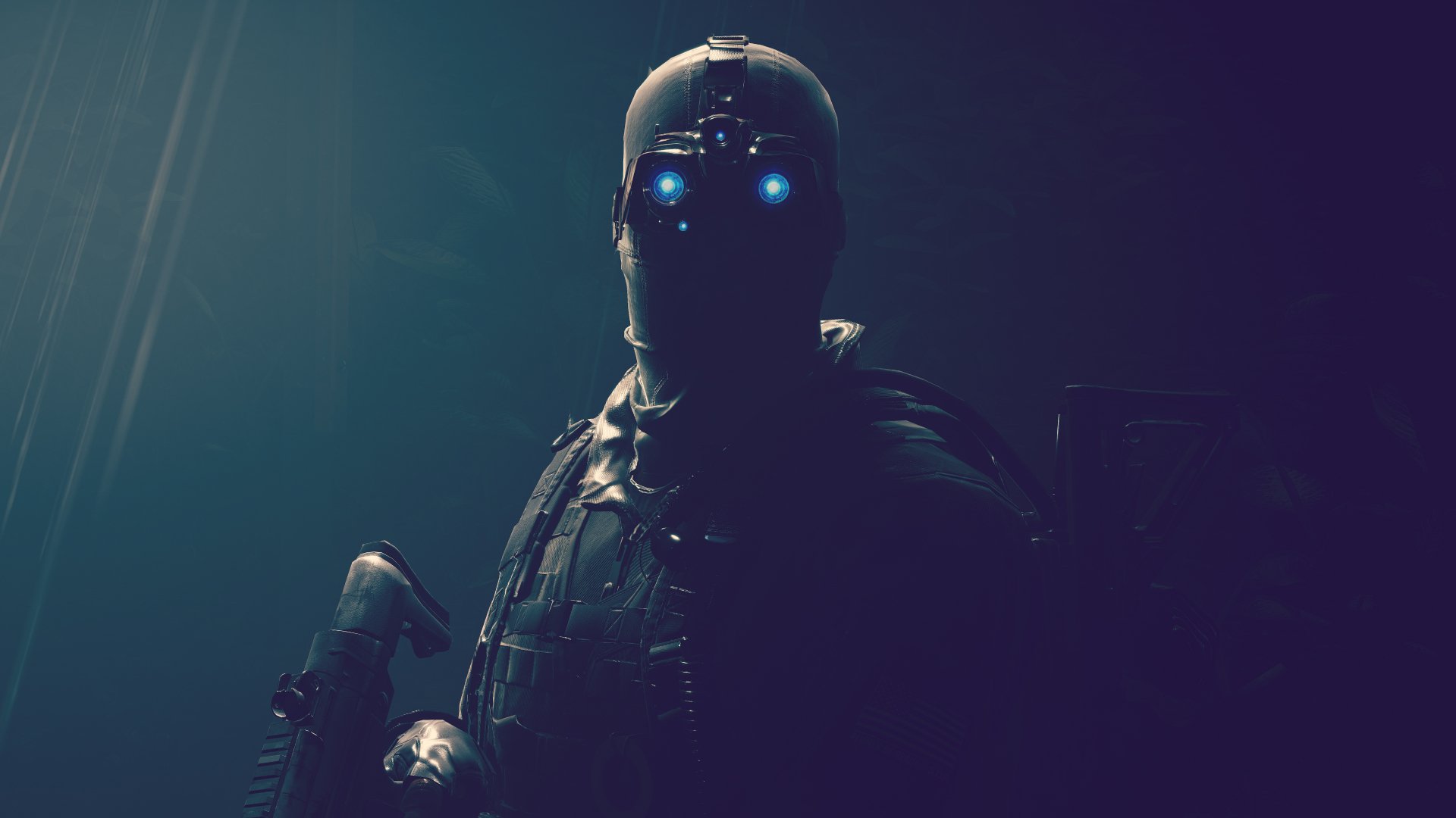 4K Ultra HD PC desktop wallpaper featuring a dark, tactical soldier with glowing blue eyes from the video game Tom Clancy’s Ghost Recon Wildlands.