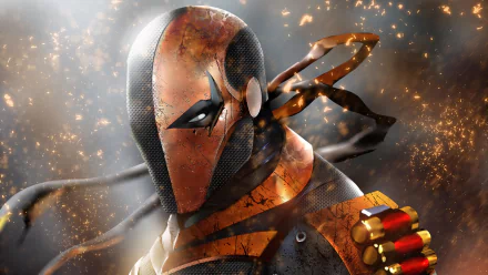 HD PC desktop wallpaper featuring Deathstroke from DC Comics, showcasing his iconic mask and armor amidst a fiery, dynamic background.