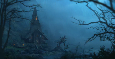 Dark, rainy night surrounds an eerie, illuminated house in this HD PC desktop wallpaper, framed by bare tree branches against a stormy sky.