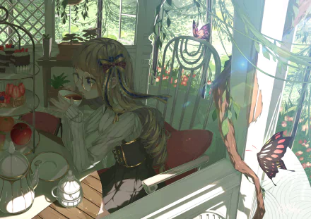 An HD desktop wallpaper showcases an original anime scene featuring a girl with long hair sipping tea in a sunlit room with butterflies and lush greenery outside.