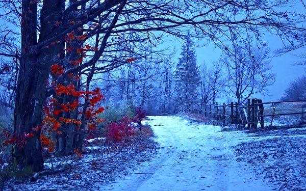 Artistic Winter Oil Painting Snow Path Fence Tree HD Wallpaper | Background Image