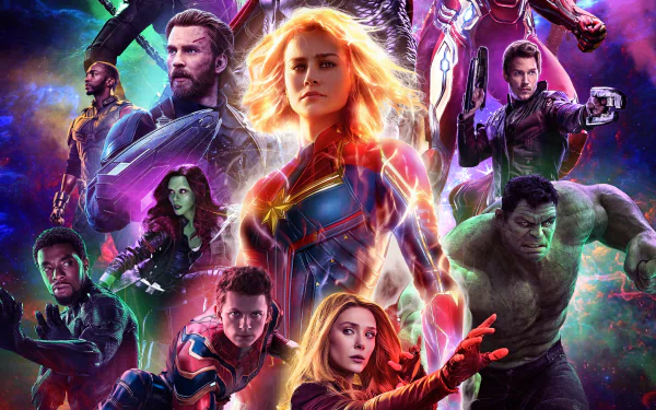 HD desktop wallpaper featuring Avengers from Endgame, including Captain America, Captain Marvel, Scarlet Witch, Black Panther, Hulk, Spider-Man, Falcon, Gamora, and Star-Lord.