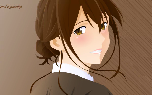 HD PC wallpaper of Sakura Yamauchi from the anime I Want To Eat Your Pancreas, depicted with a gentle smile against a wood-textured background.