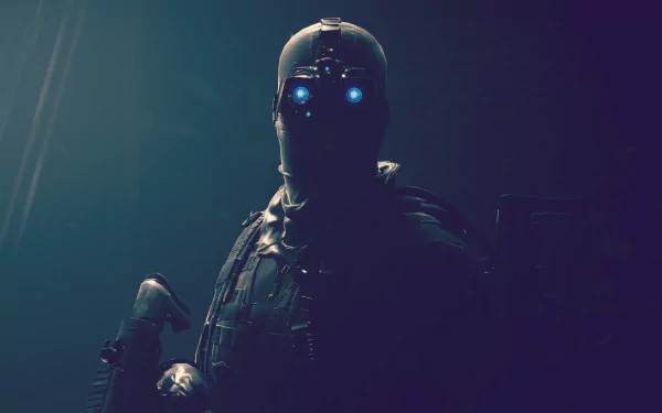 4K Ultra HD PC desktop wallpaper featuring a dark, tactical soldier with glowing blue eyes from the video game Tom Clancy’s Ghost Recon Wildlands.
