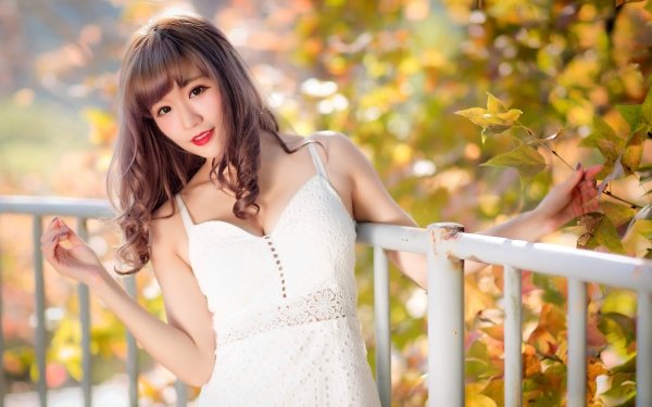 Women Asian Model White Dress Depth Of Field Brunette Brown Eyes Lipstick HD Wallpaper | Background Image