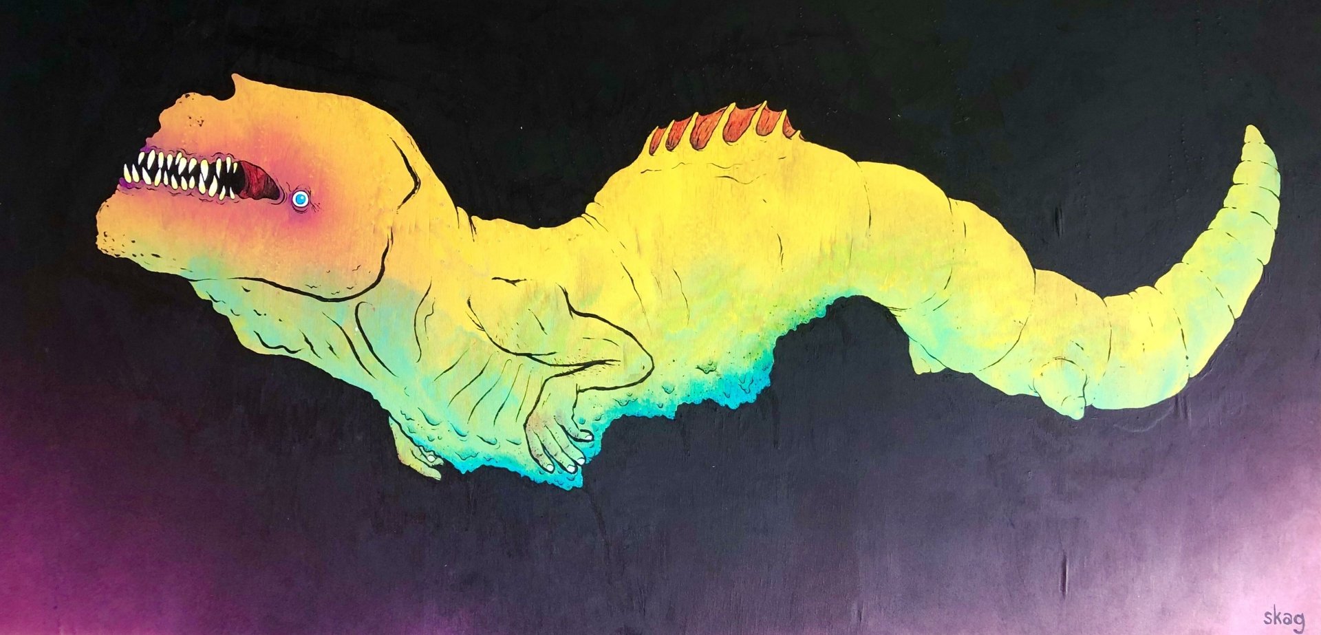 Neon yellow-green serpentine fantasy creature with fangs and a ridged spine on a dark gradient — 2K Quad HD PC desktop wallpaper and background.