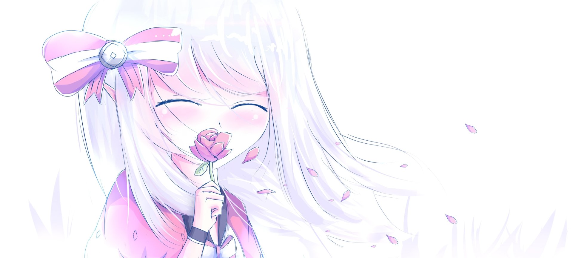 Dragon Nest video game 2K Quad HD PC wallpaper: smiling white-haired anime girl with a pink bow holding a rose as petals drift across a soft, pastel background.