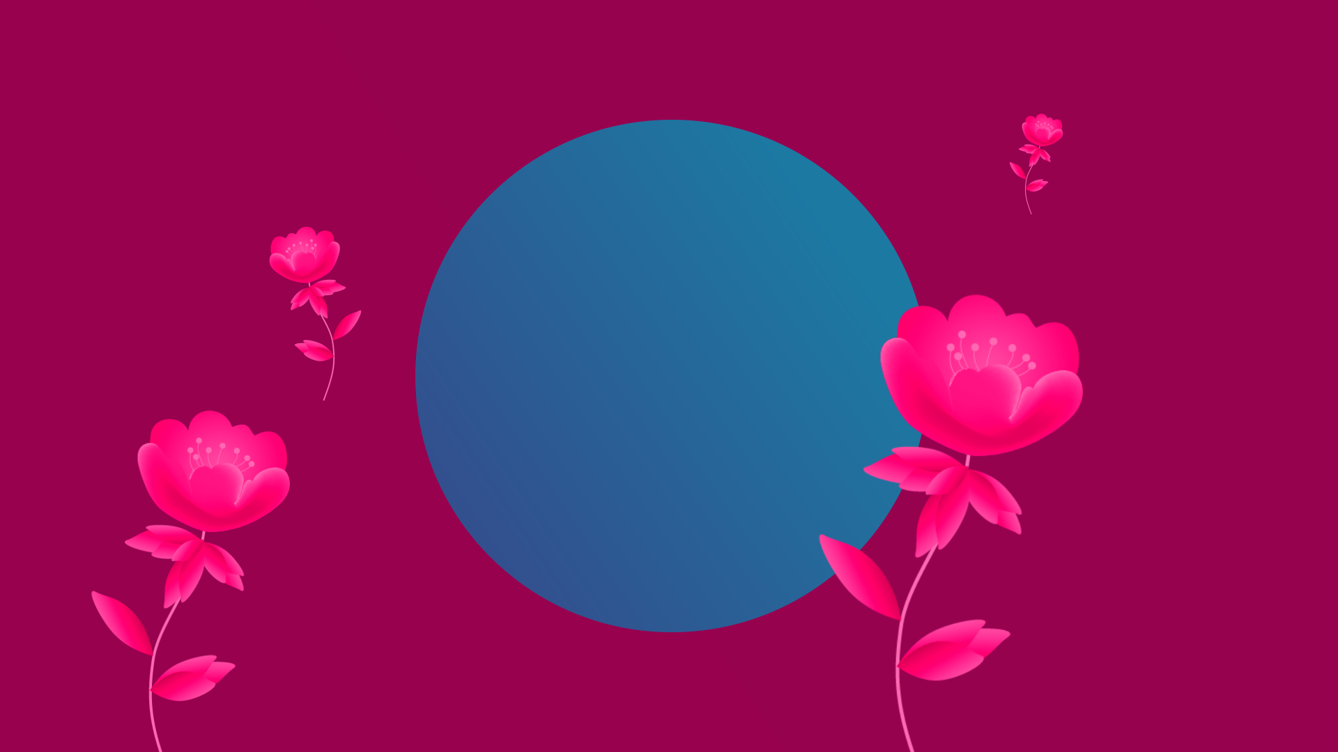 Artistic, minimalist HD PC desktop wallpaper featuring vibrant pink flowers around a deep blue circle on a rich magenta background.