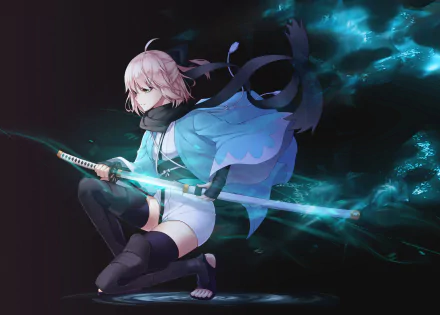 HD desktop wallpaper featuring Sakura Saber, Okita Souji from Fate/Grand Order anime in a dynamic pose with a glowing blue sword against a dark, ethereal background.