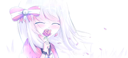 Dragon Nest video game 2K Quad HD PC wallpaper: smiling white-haired anime girl with a pink bow holding a rose as petals drift across a soft, pastel background.
